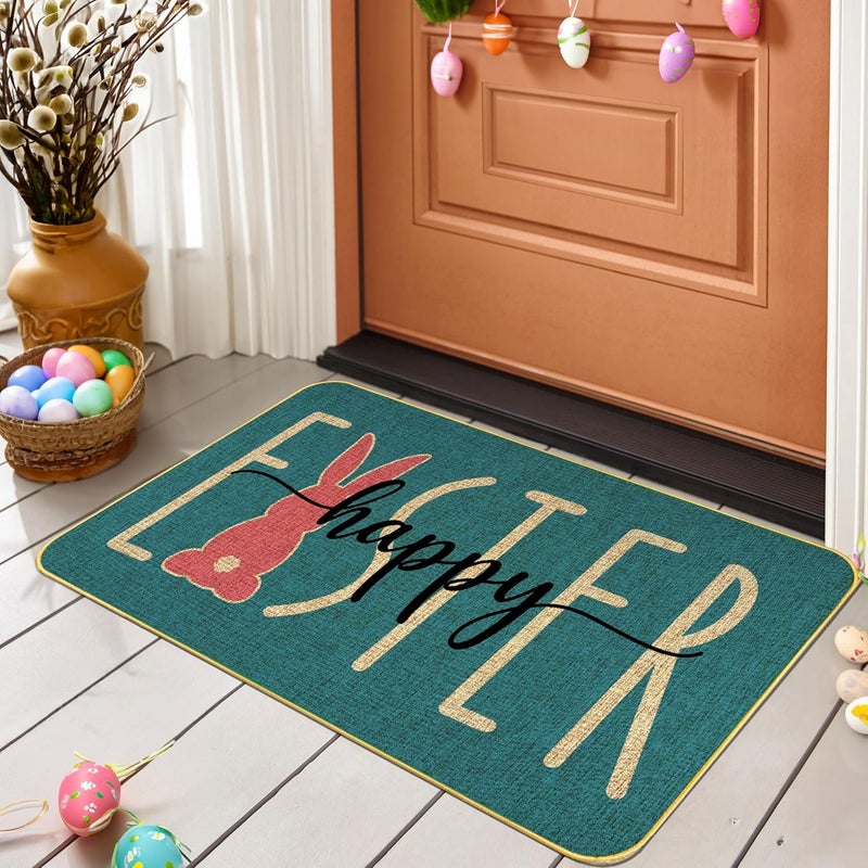 ARTDMT Happy Easter Decorative Welcome Door Mat, Bunny Tail Indoor Outdoor Non-Slip Rug, Rabbit Entryway Front Porch Throw for Spring Entrance Decoration, 29" x 17" - Image 1